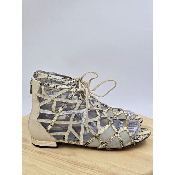 SAM EDELMAN Lace Up Gladiator Sandals Ivory Python Snake Print Size 6.5 M - Picture 1 of 8